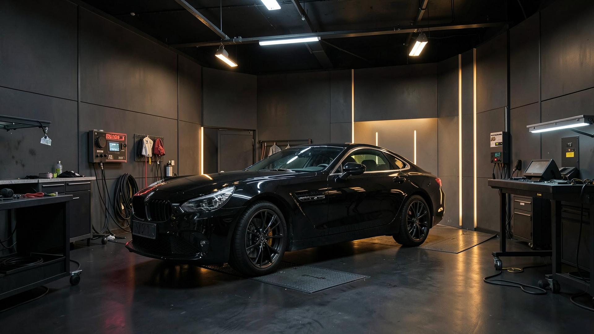 Black luxury car inside a professional collision repair and refinishing facility